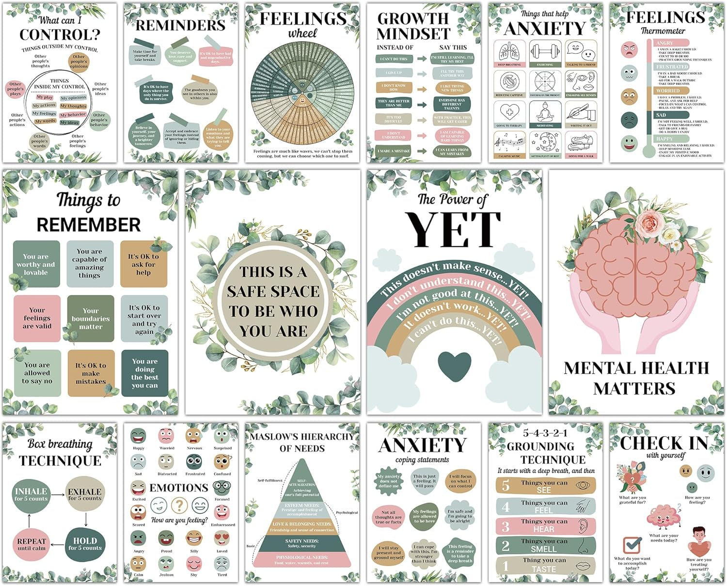 16PCS Eucalyptus Mental Health Posters for Classroom Anxiety Therapy Growth Mindset Inspirational Posters Counseling Therapist Office Must Haves Feeling Wheel Poster Positive Quotes Decor