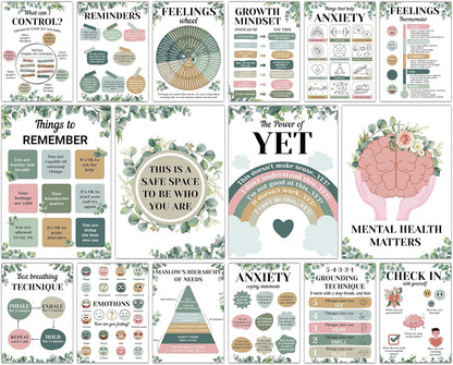 16PCS Eucalyptus Mental Health Posters for Classroom Anxiety Therapy Growth Mindset Inspirational Posters Counseling Therapist Office Must Haves Feeling Wheel Poster Positive Quotes Decor