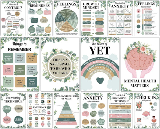 16PCS Eucalyptus Mental Health Posters for Classroom Anxiety Therapy Growth Mindset Inspirational Posters Counseling Therapist Office Must Haves Feeling Wheel Poster Positive Quotes Decor