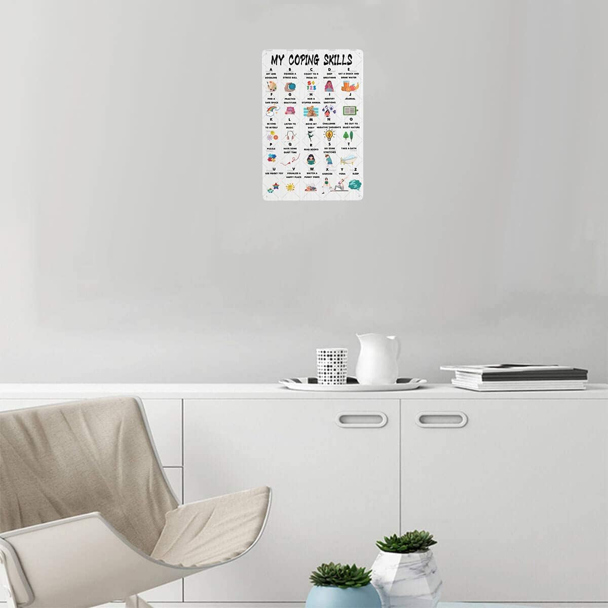 Coping Skills Decor Sign Coping Skills Alphabet School Psychologist Wall Decor Counselling Psychologist CBT Metal Tin Sign Mental Health Wall Art for Counseling Counselor Therapist 8X12 Inch